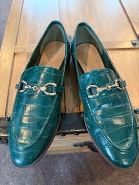 Teal Green Women's Loafers- Shiny Croc Upper